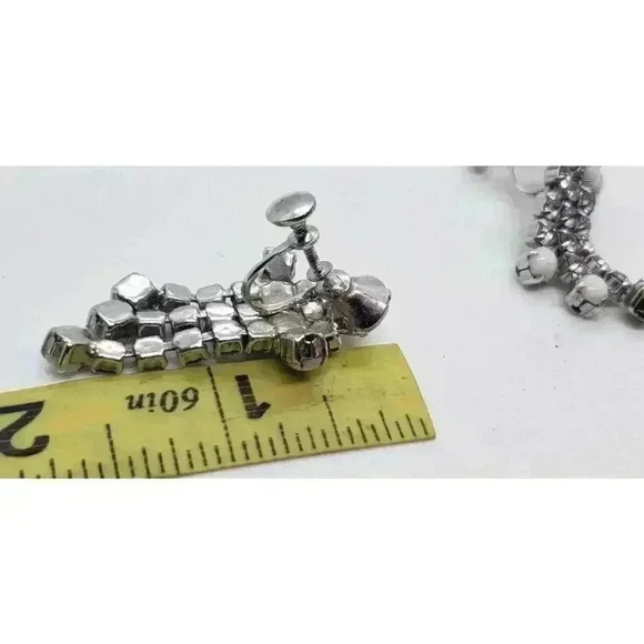 Vintage Earrings White Milk Glass & Clear Rhinestone Dangle Long Moonstone - Picture 10 of 11